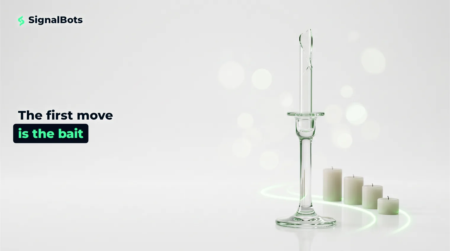 A tall glass candlestick with a cracked, hollow upper wick, with a short row of smaller solid candles stepping downward behind it.