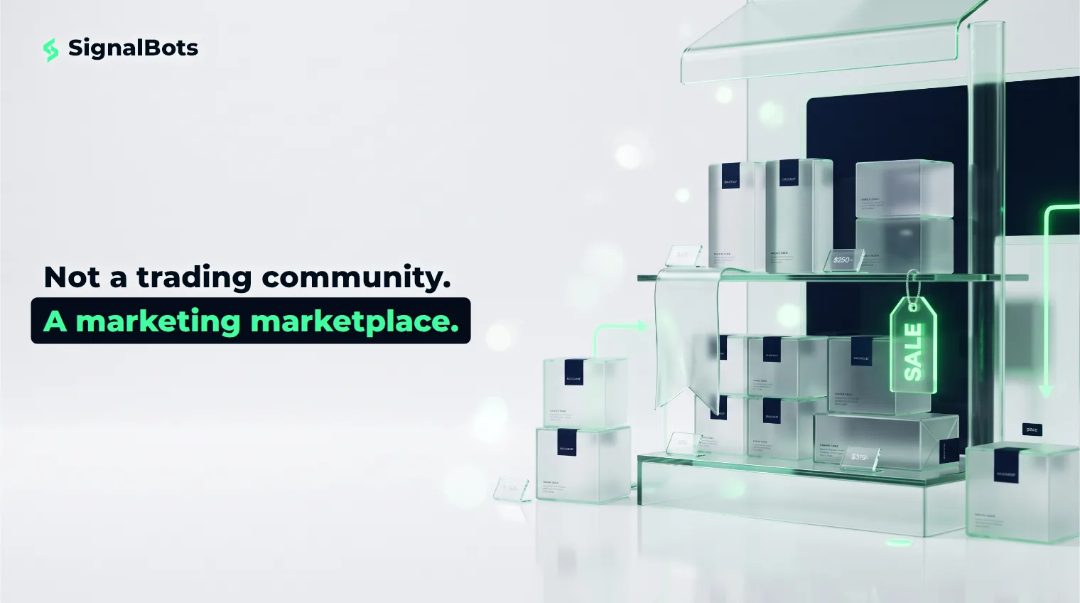 A glossy glass storefront of stacked product boxes, a folded banner and a glowing sale tag, styled like a digital marketplace display.
