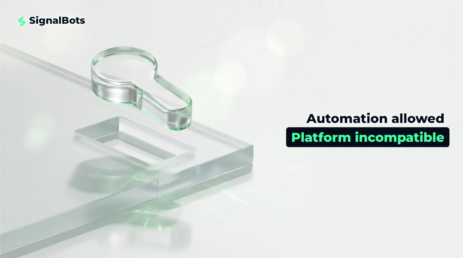 A clear glass key-shaped block hovering above a frosted glass slab whose cut recess is a different shape, on a near-white surface.