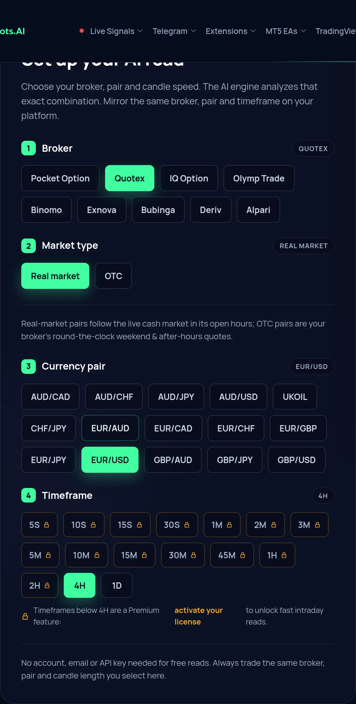 The Chinese Bot AI Pro control deck: numbered steps for broker, market type, currency pair and timeframe, with the intraday timeframes showing padlocks.