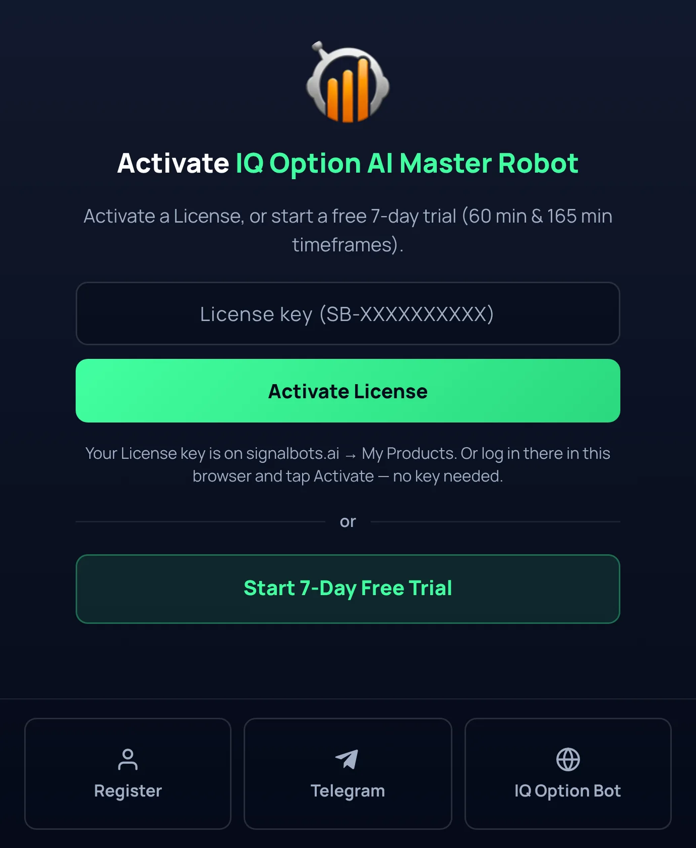 The IQ Option AI Master Robot extension popup on first run, offering licence activation or a 7-day trial on the 60-minute and 165-minute timeframes.