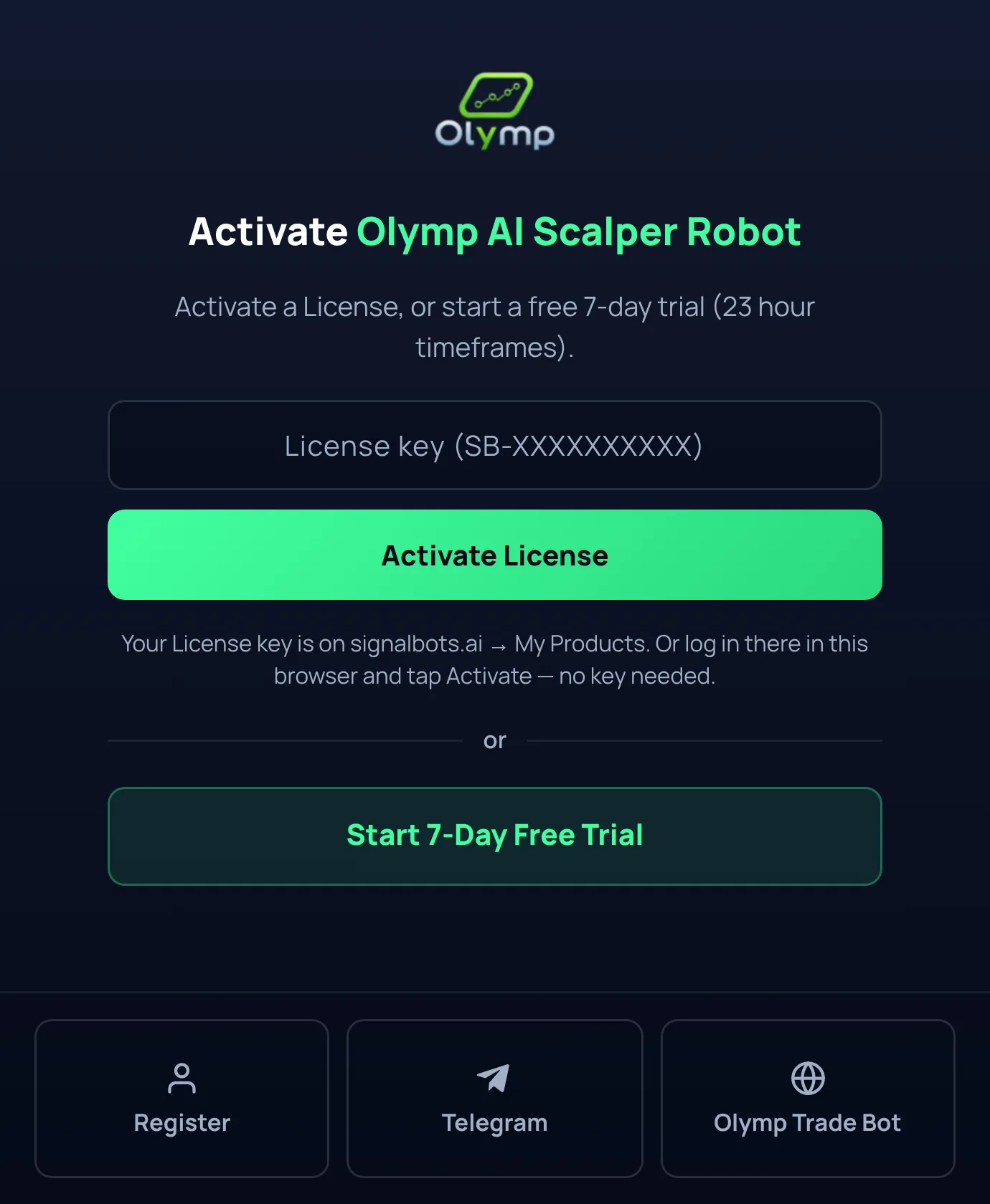 The Olymp AI Scalper Robot extension popup on first run, offering licence activation or a 7-day trial on the 23-hour timeframe.