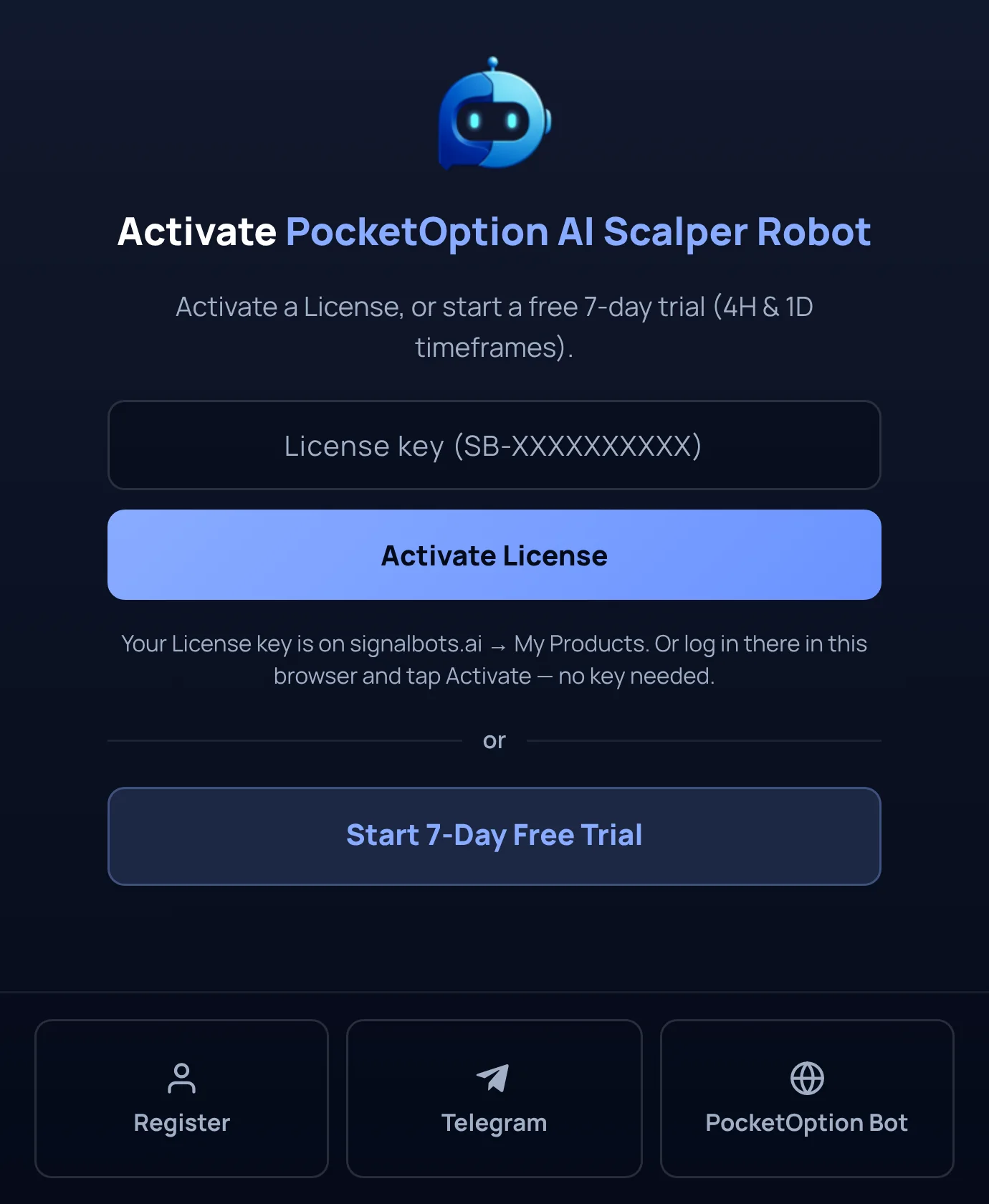 The PocketOption AI Scalper Robot extension popup on first run, offering licence activation or a 7-day trial on the 4H and 1D timeframes.