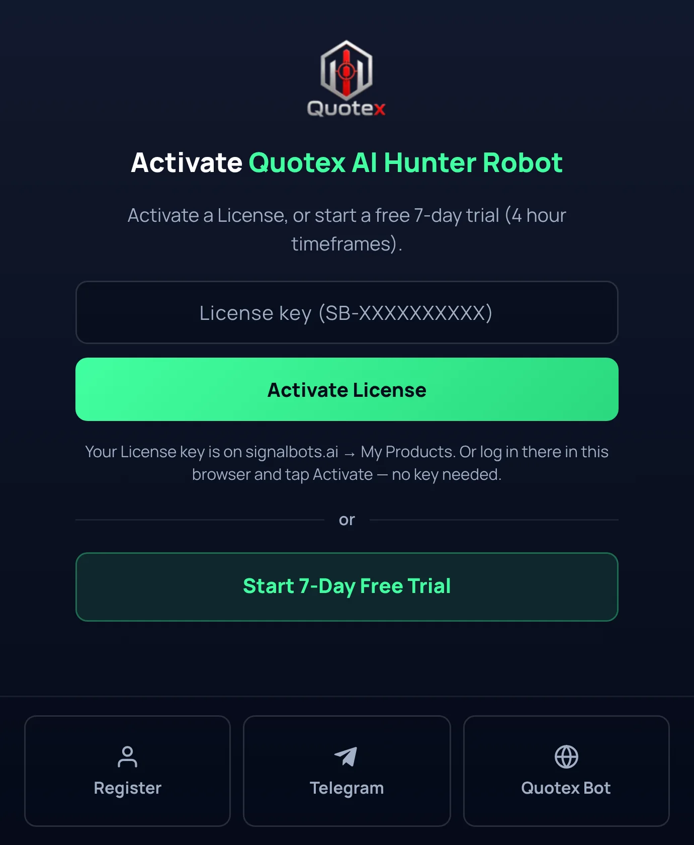 The Quotex AI Hunter Robot extension popup on first run: a licence key field, an Activate License button and a 7-day free trial on 4-hour timeframes.