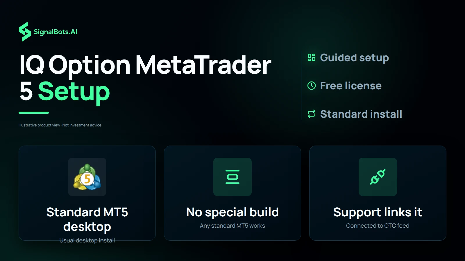 Three tiles: a standard MT5 desktop install, no special MetaTrader build, and our support team linking it to the IQ Option OTC feed.