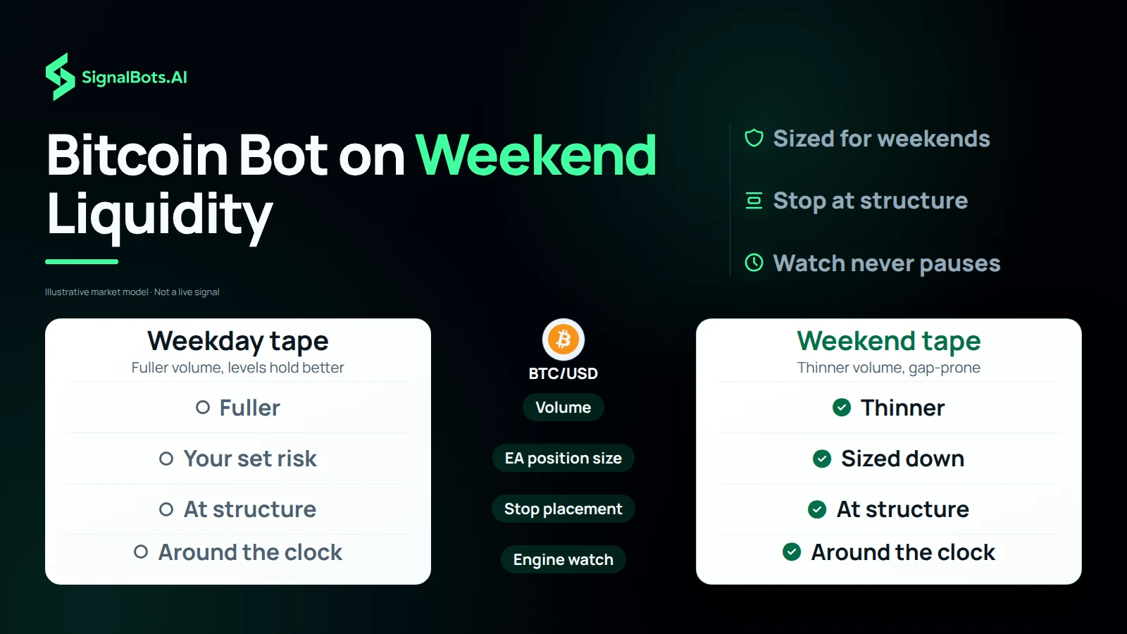 Compare the weekday tape with the weekend tape side by side: fuller against thinner volume, your set risk against a sized-down position, and the same around-the-clock watch and structure stop on both sides.