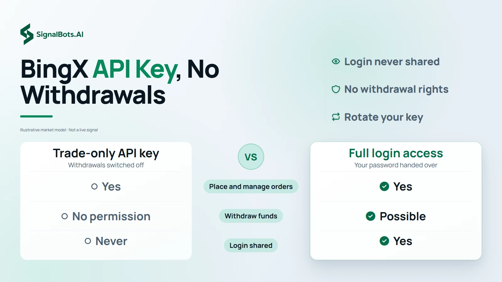 Compare a trade-only BingX API key with handing over full login access, row by row: both can place orders, only full access can withdraw funds, and only the login route shares your password.