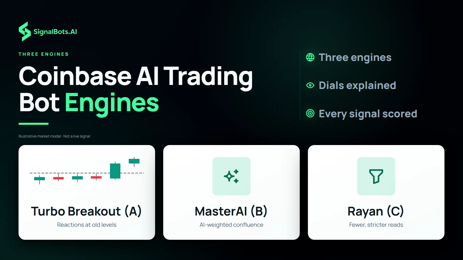 Three tiles, one per engine, naming Turbo Breakout (A), MasterAI (B) and Rayan (C) with the one-line read each takes, so the reader sees the AI is one of three models running side by side.
