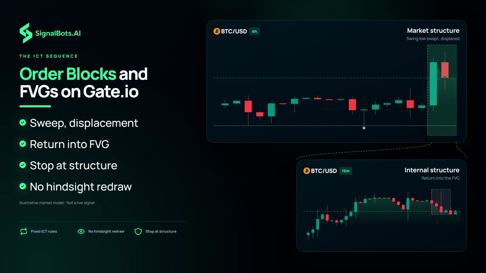 A context pane marking market structure and the liquidity sweep, opening into a faster pane where price returns into the fair value gap and order block and the long is filled with its stop below structure.
