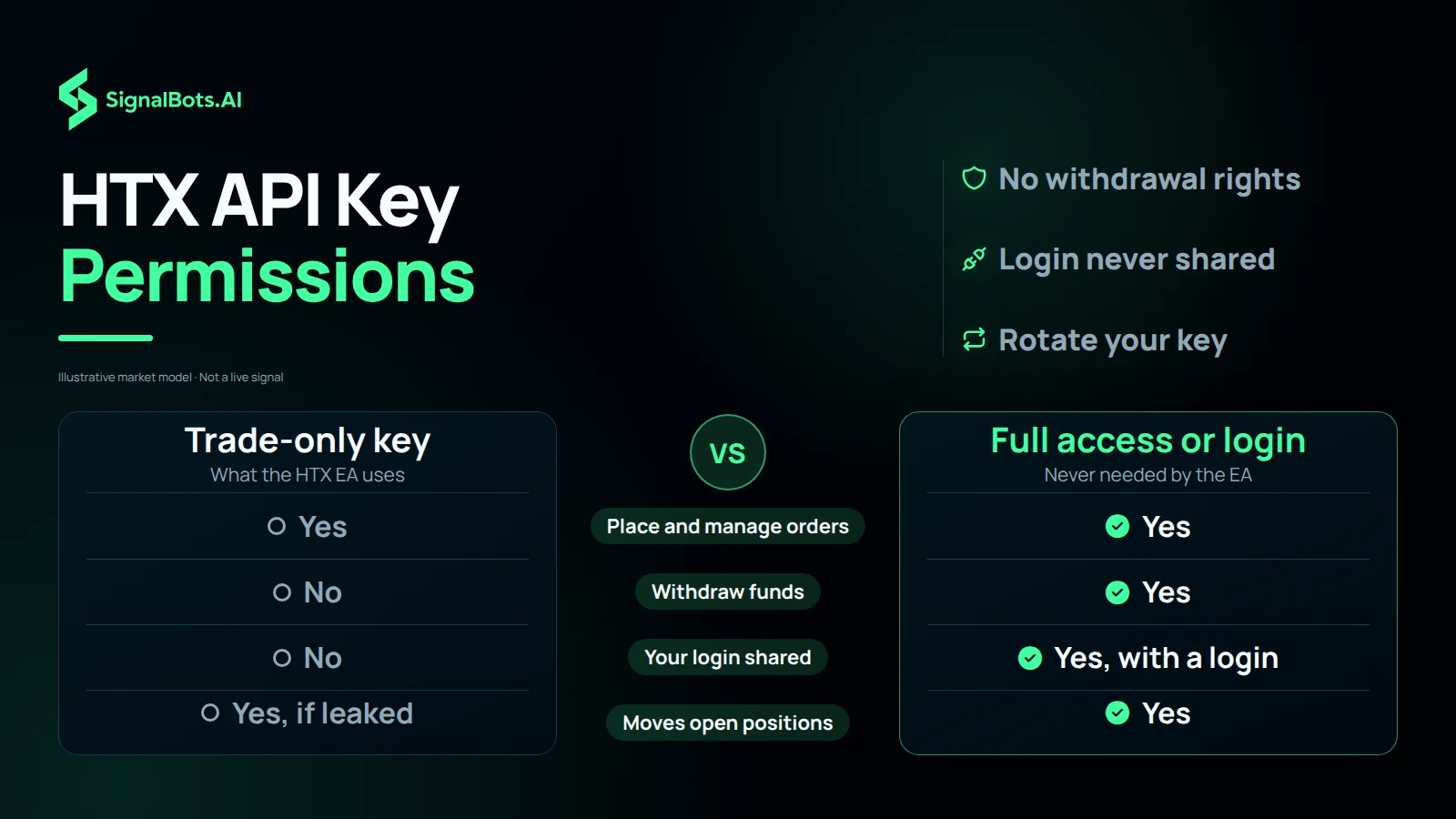 A two-column comparison of a trade-only HTX key against full access, row by row: placing orders, withdrawing funds, sharing your login and moving open positions if leaked.
