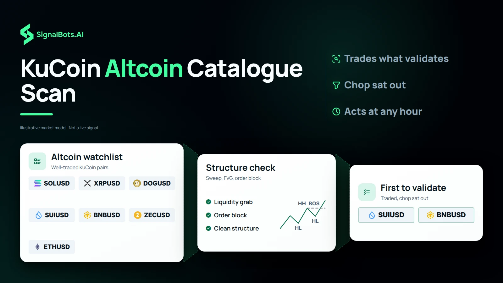 Seven altcoins entering a funnel, checked for a liquidity grab, an order block and clean structure, narrowing to the two coins that validate first.
