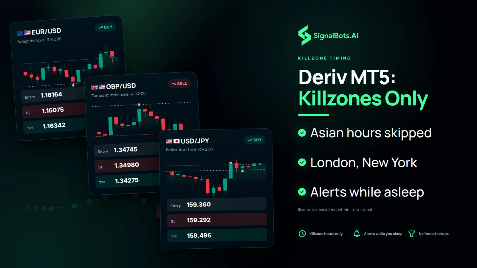 Show three 5m forex signal cards arriving over one candle field during the London and New York killzones, EURUSD long after a liquidity sweep, GBPUSD short at a level and USDJPY long on a retest, with no synthetic index shown.
