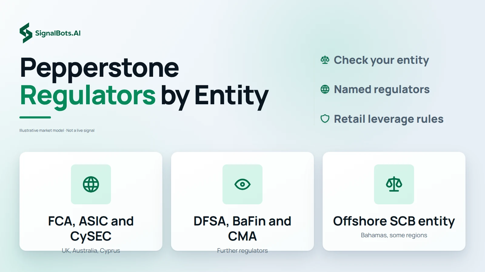 Three tiles: FCA, ASIC and CySEC with their countries, DFSA, BaFin and CMA as the further regulators the page lists, and the offshore SCB entity in the Bahamas that serves some regions.