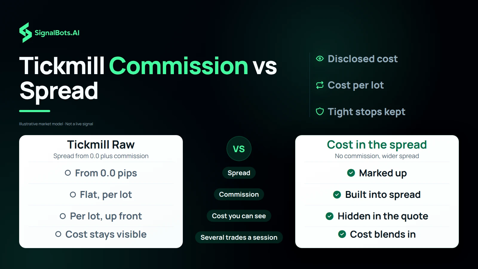 Two columns, the Tickmill Raw account against an account whose cost sits in the spread, with rows for spread, commission, how visible the cost is and what happens across several trades a session.