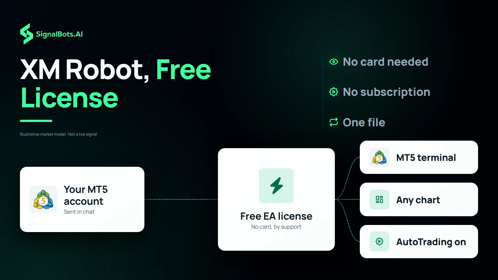 A source card for your XM MT5 account, a hub where support activates the free EA license over chat with no card, and three destinations, the MT5 terminal, any chart and AutoTrading, showing the path from account number to a running EA.