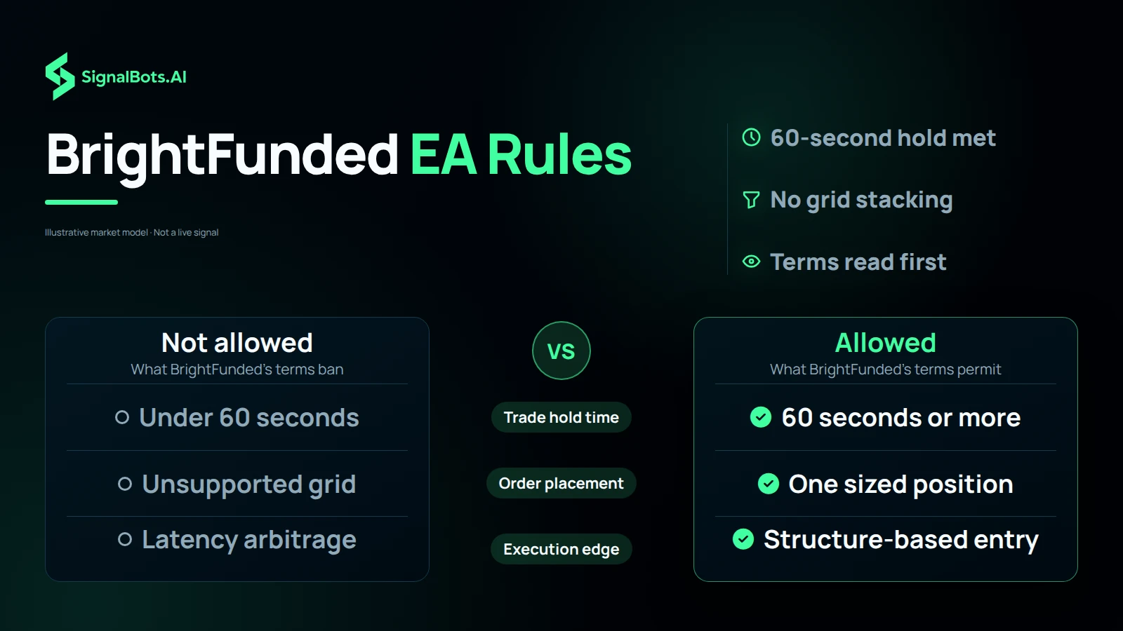 Two columns, allowed against not allowed under BrightFunded's EA terms: trades held 60 seconds or more against sub-60-second flips, one sized position against an unsupported grid, and structure-based entries against latency arbitrage.