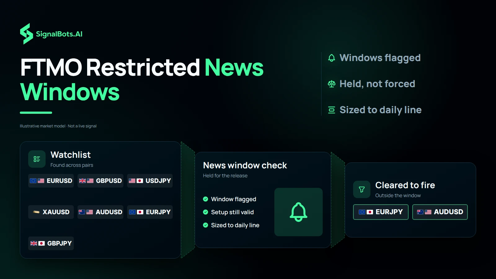 A seven-instrument watchlist narrowing through a restricted news window check to the two setups cleared to fire, the rest standing down for the release.