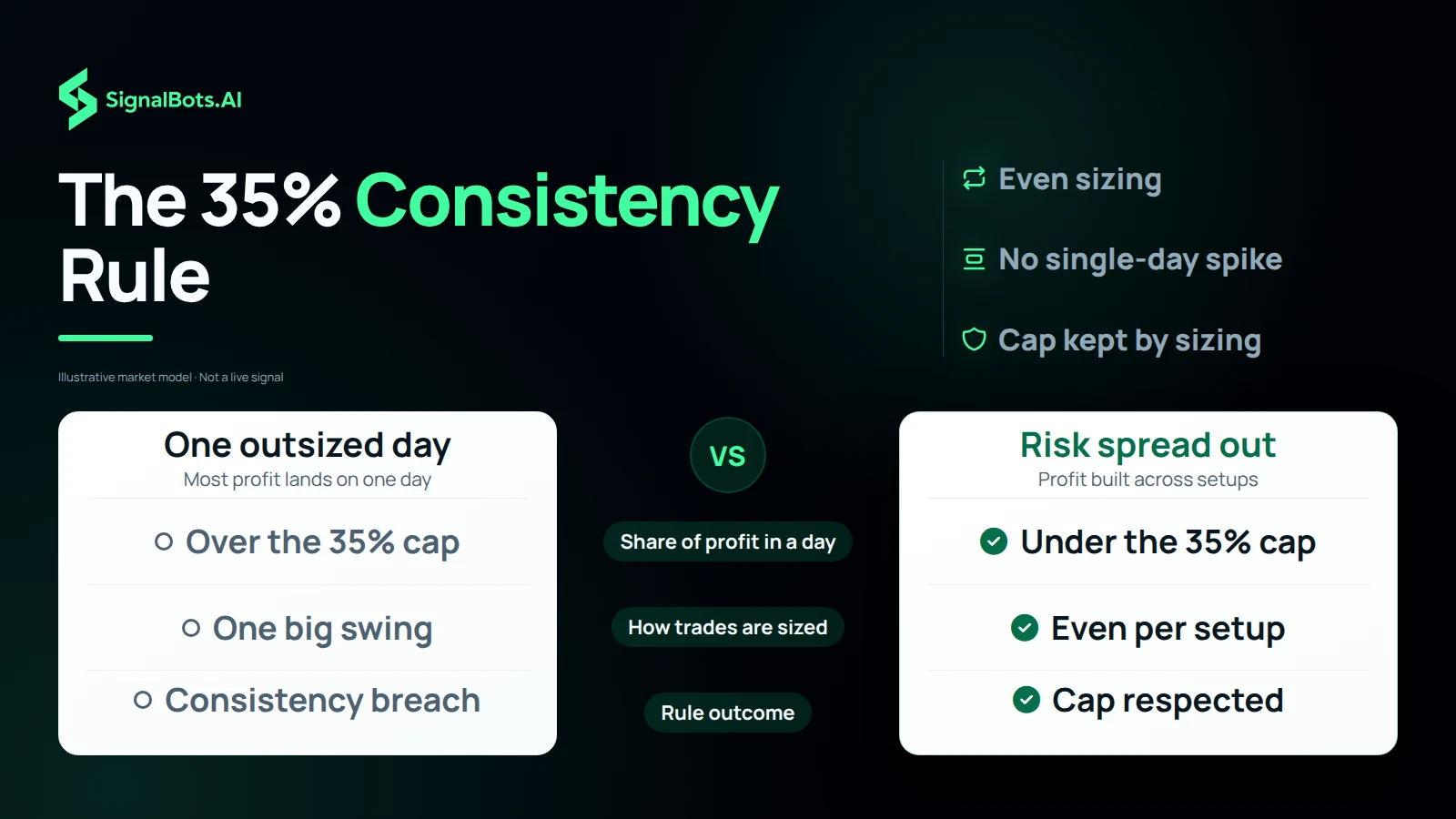 Two columns: one outsized day on the left, risk spread across setups on the right, compared on the share of profit made in one day, how each trade is sized and the rule outcome. The right column reads as even days that stay under the 35% cap.