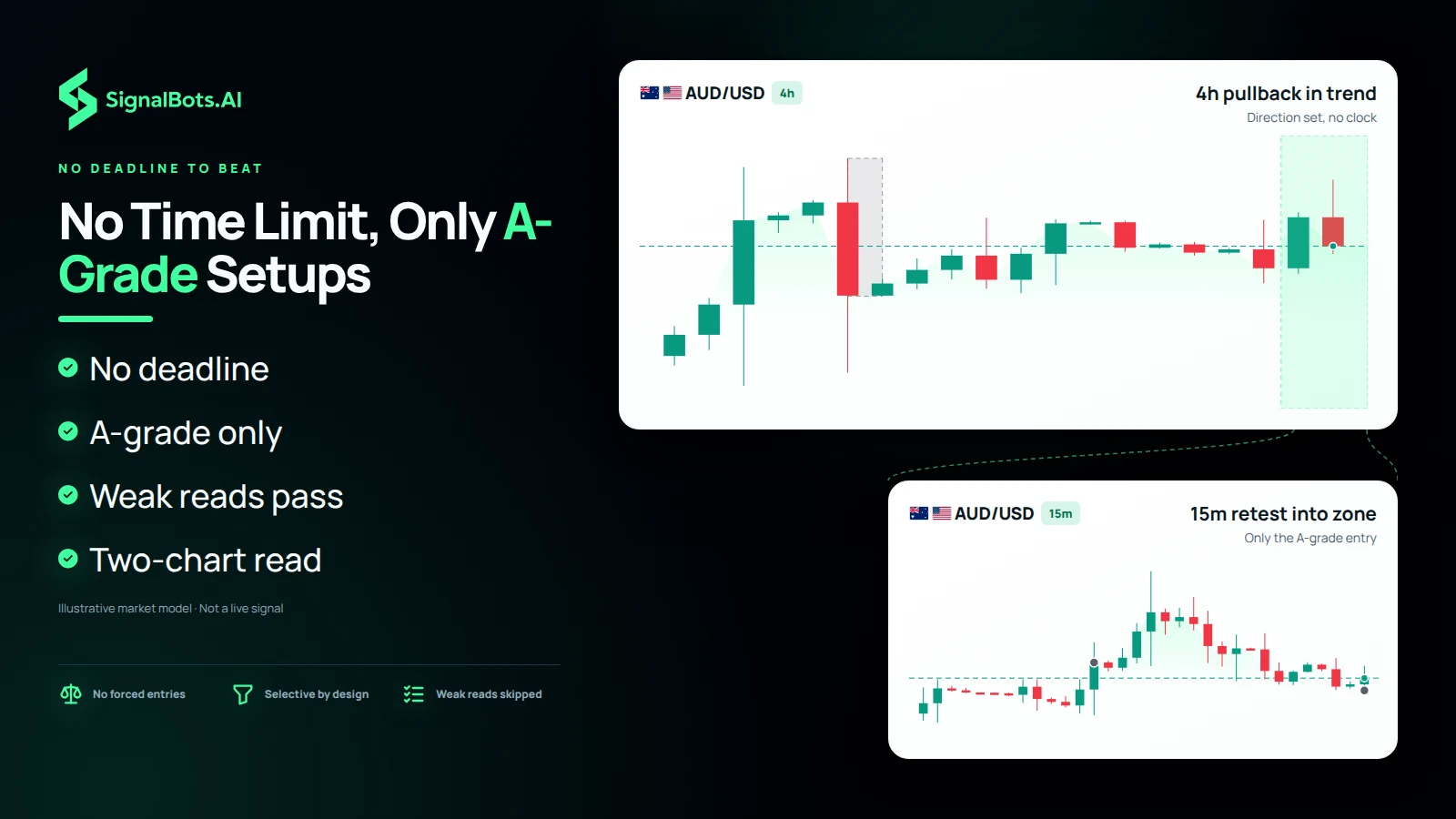 Show AUDUSD in two panes: a 4h pane where the trend pulls back with no clock running, opening into a 15m pane where price comes back into an order block or fair value gap and one A-grade entry is placed. Earlier, weaker touches in the fast pane are left untaken.