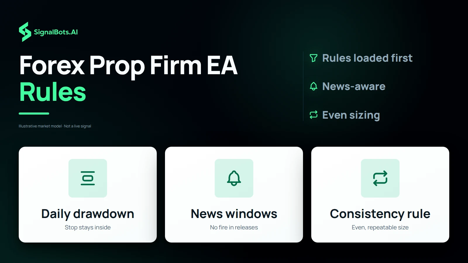 Three tiles, one per firm rule: daily drawdown with sizing that keeps a full stop inside the line, news windows where setups do not fire, and the consistency rule met with even, repeatable sizing.