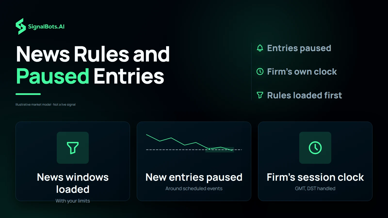 Three tiles: the news windows entered with the loss limits, new entries paused around scheduled events, and sessions read on the firm's own clock with GMT offset and daylight saving handled.