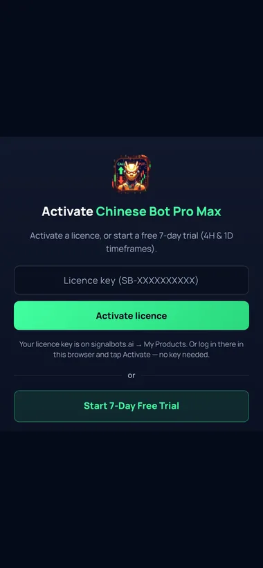 Chinese Bot Pro Max popup: activate a licence or start the free 7-day trial