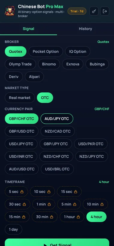 Chinese Bot Pro Max popup. Pick your broker, currency pair and timeframe