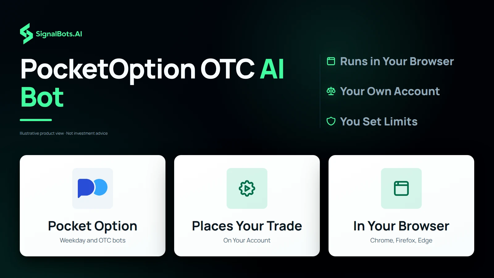Three tiles: the Pocket Option logo labelled Weekday and OTC bots, an automation icon labelled Places Your Trade, and a browser icon labelled Chrome, Firefox, Edge