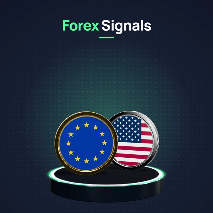 Forex Signals: a euro coin and a US dollar coin, each struck with its flag