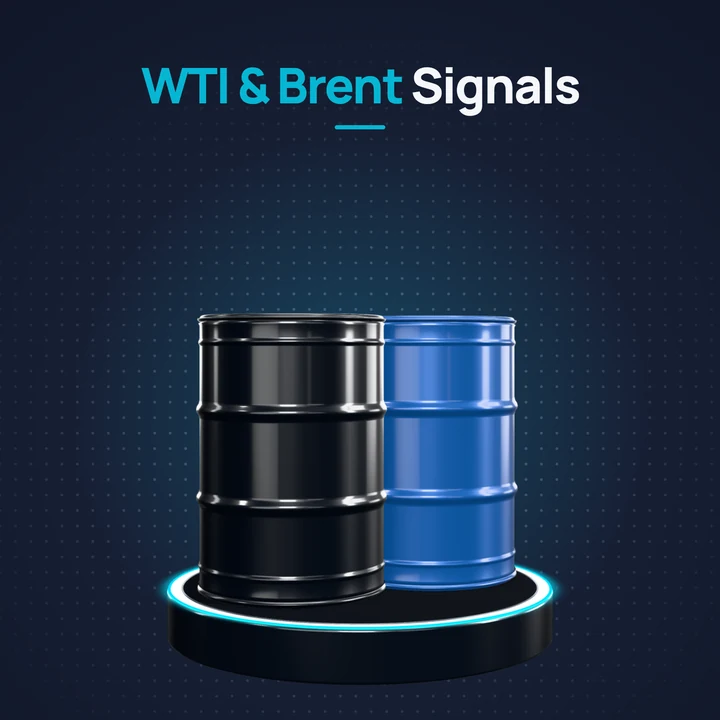 WTI & Brent Signals: a black WTI barrel beside a blue Brent barrel