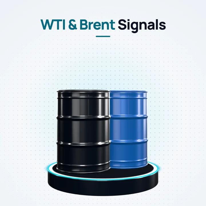 WTI & Brent Signals: a black WTI barrel beside a blue Brent barrel