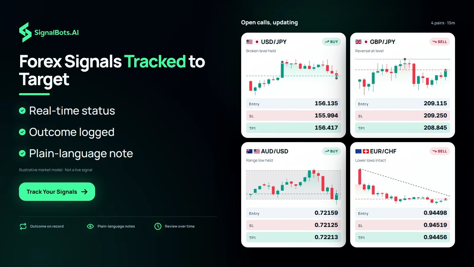A board of four open calls, USD/JPY, GBP/JPY, AUD/USD and EUR/CHF, each on its own chart moving toward its stop or target