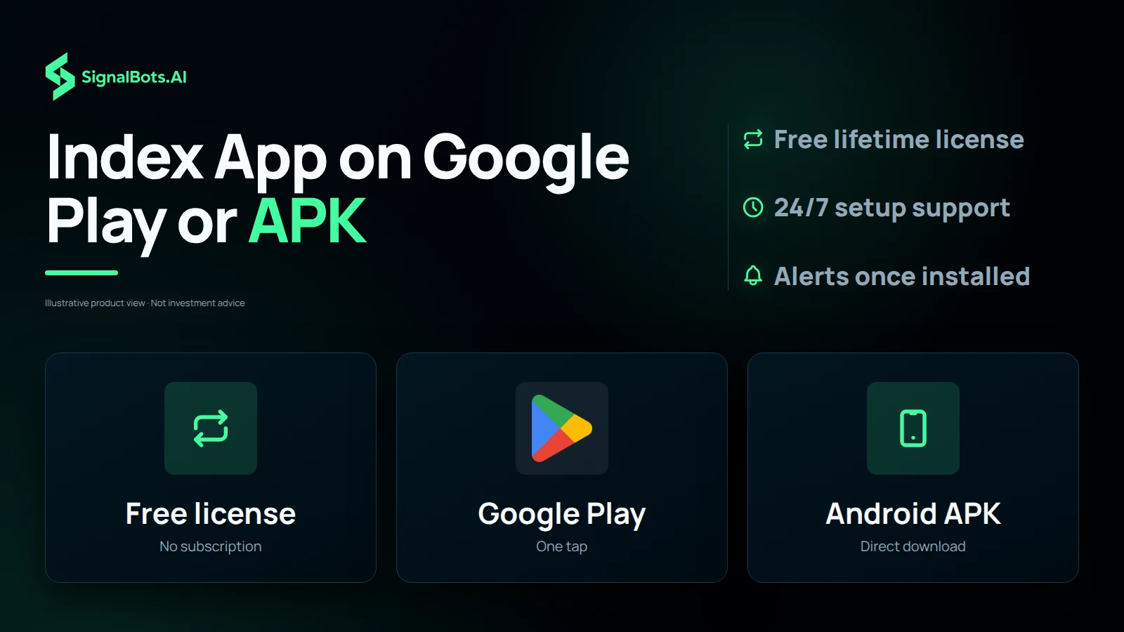 Three tiles: the free lifetime license, the Google Play listing and the direct Android APK, with a world index board behind them
