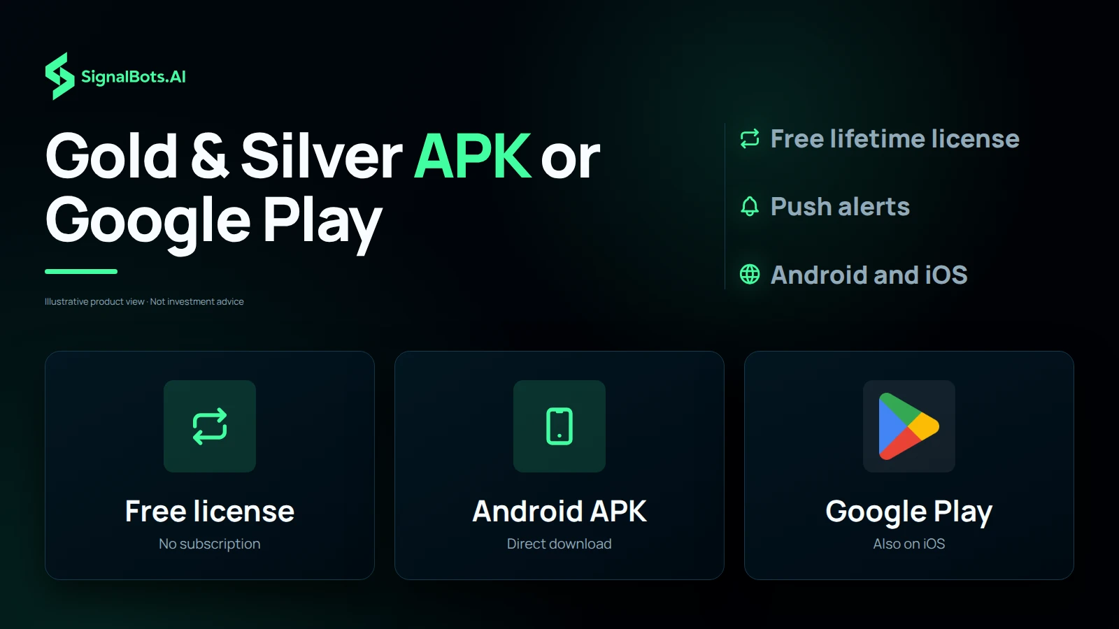 Three tiles showing the free lifetime license, the direct Android APK and the Google Play listing for the Gold and Silver app, with iOS also supported
