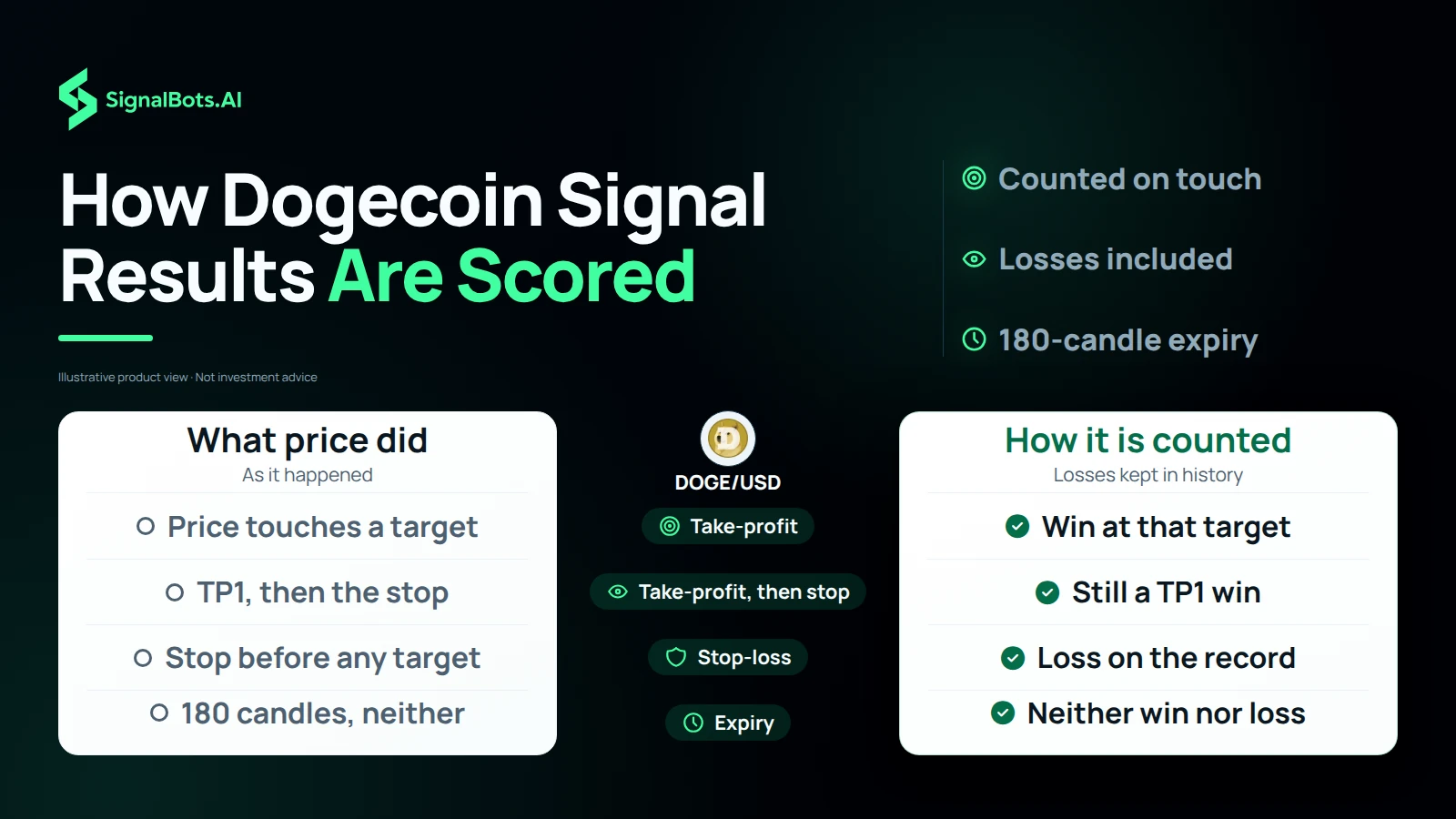 Duotone comparison table headlined 'How Dogecoin Signal Results Are Scored' for DOGE/USD, setting what price did beside how it is counted: a touched target is a win at that target, TP1 then the stop is still a TP1 win, a stop first is a loss, and 180 candles with neither is expired.