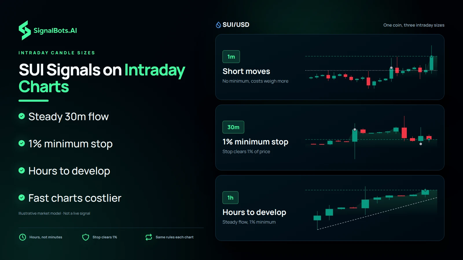 Dark image headlined "SUI Signals on Intraday Charts" with three stacked SUI/USD candlestick rungs labelled 1m Short moves, 30m 1% minimum stop and 1h Hours to develop, beside points on a steady 30m flow, the 1% minimum stop and costlier fast charts.