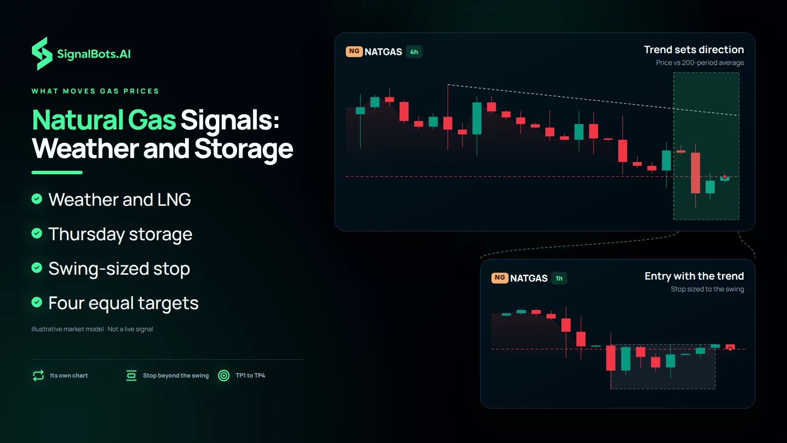 Dark two-pane chart headed "Natural Gas Signals: Weather and Storage": a NATGAS 4h pane labelled "Trend sets direction" against the 200-period average opens into a 1h pane "Entry with the trend" with a swing-sized stop, beside bullets on weather and LNG, Thursday storage and four equal targets.