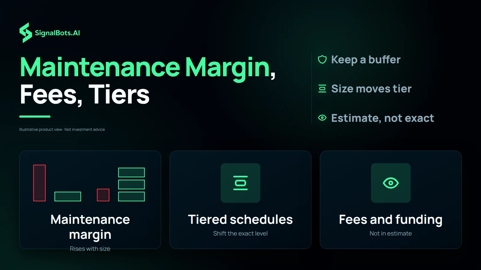 Three tiles: maintenance margin rate that rises with position size, tiered margin schedules that shift the exact liquidation level, and fees and funding not included in the estimate
