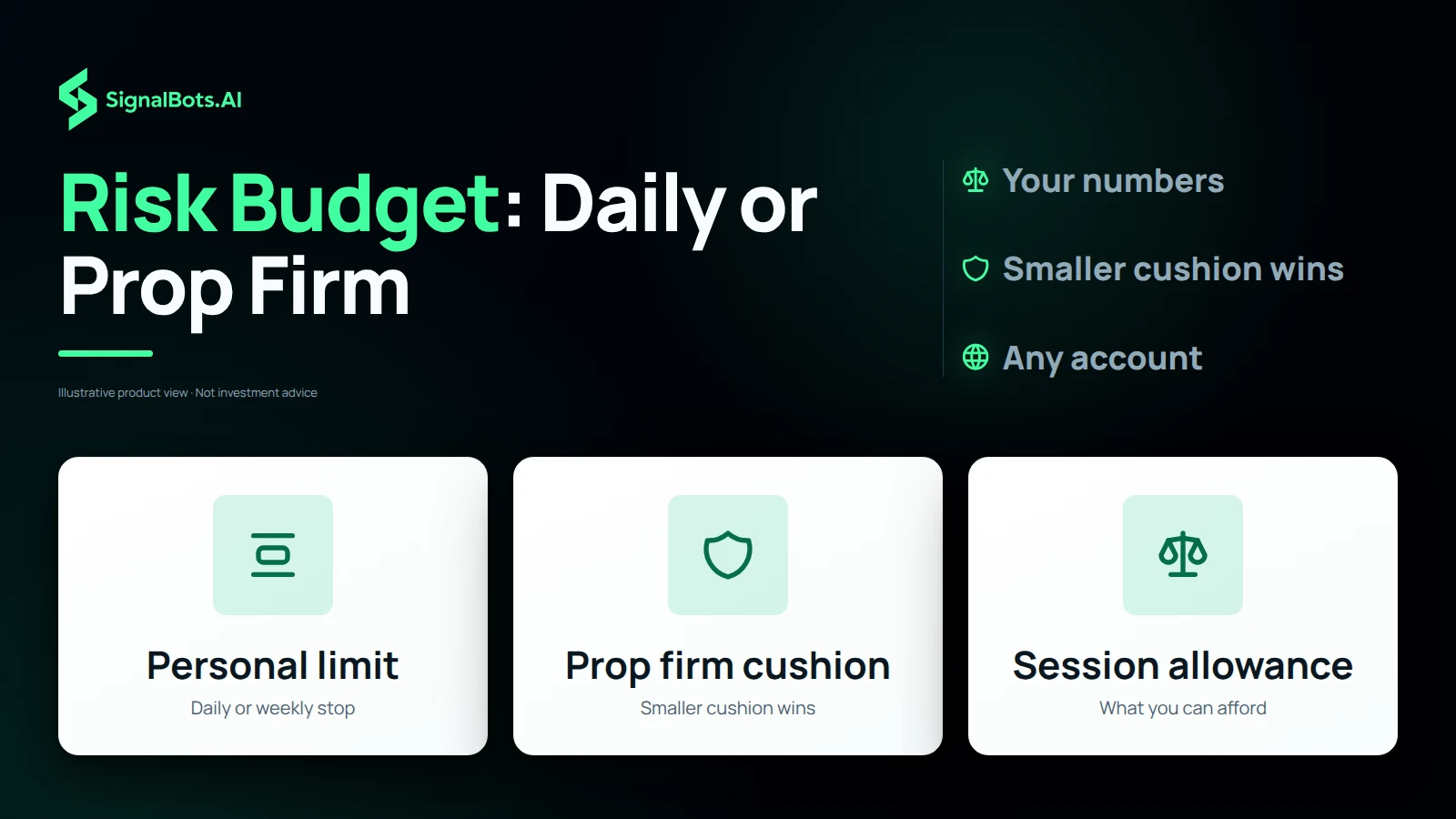 Three tiles naming the sources of a risk budget: a personal daily or weekly limit, a prop firm's smaller drawdown cushion, and an affordable session allowance.