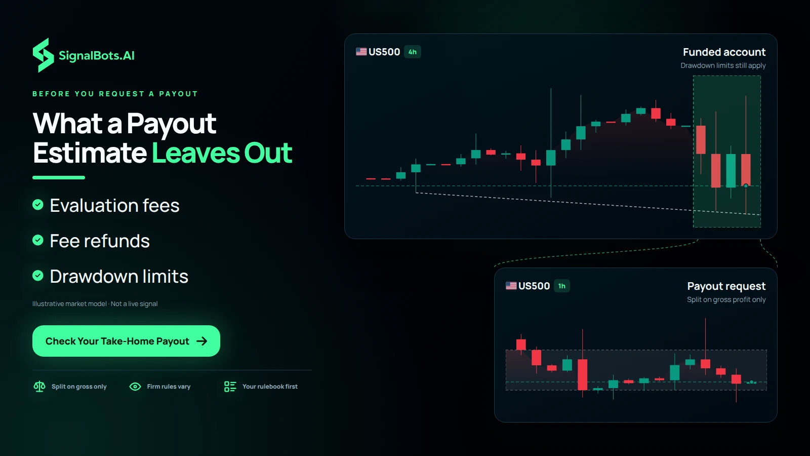 US500 4h funded-account pane labeled Drawdown limits still apply opening a bracket into a US500 1h payout-request pane labeled Split on gross profit only, with a Check Your Take-Home Payout button
