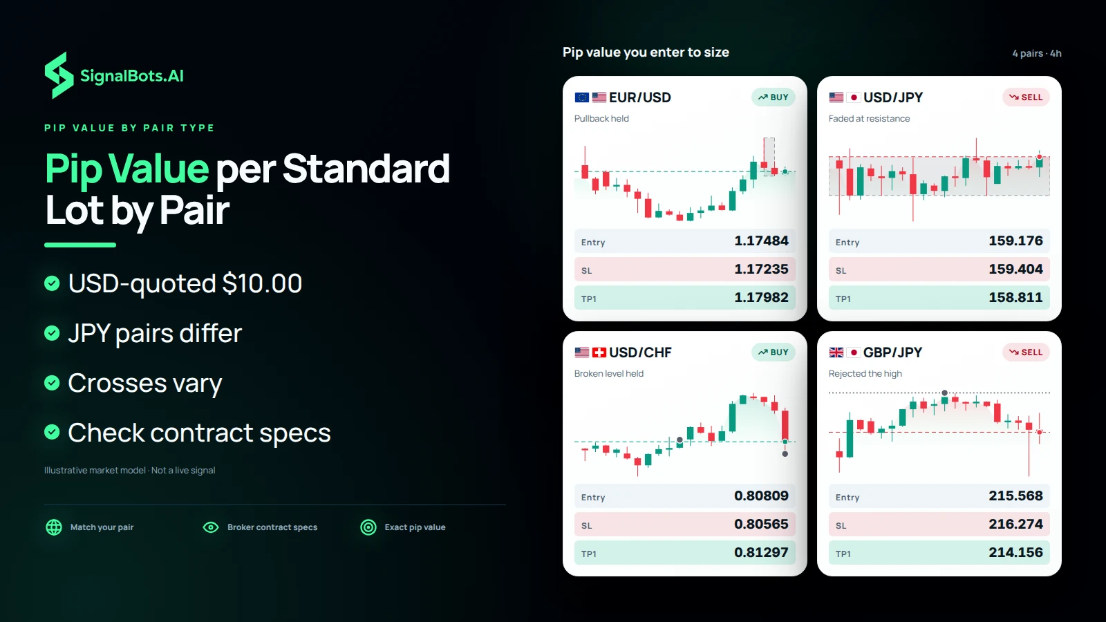 Duotone board of four instrument cards on the 4h chart, EUR/USD BUY, USD/JPY SELL, USD/CHF BUY and GBP/JPY SELL, each tagged with its pair type and its own entry, stop-loss and first target under the headline Pip Value per Standard Lot by Pair.