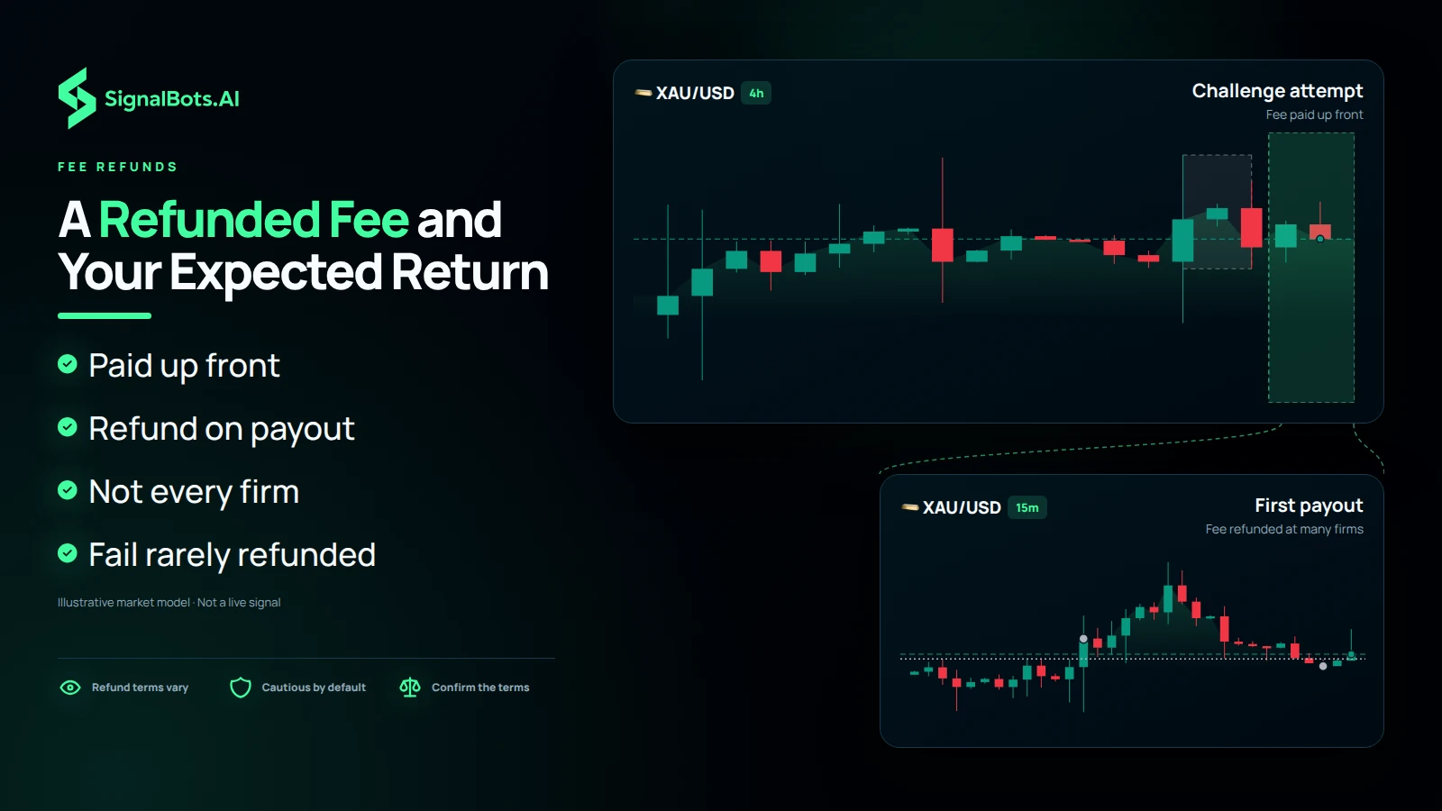 A slower XAU/USD 4h pane labeled Challenge attempt, fee paid up front, opening into a faster 15m pane labeled First payout, fee refunded at many firms.