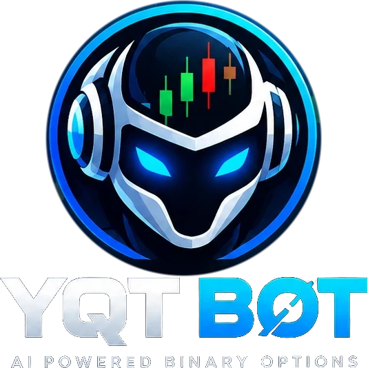 YQT Bot AI logo: an AI face in headphones inside a lit ring, over a candlestick chart, above the YQT Bot AI name and its AI-powered binary options tagline.