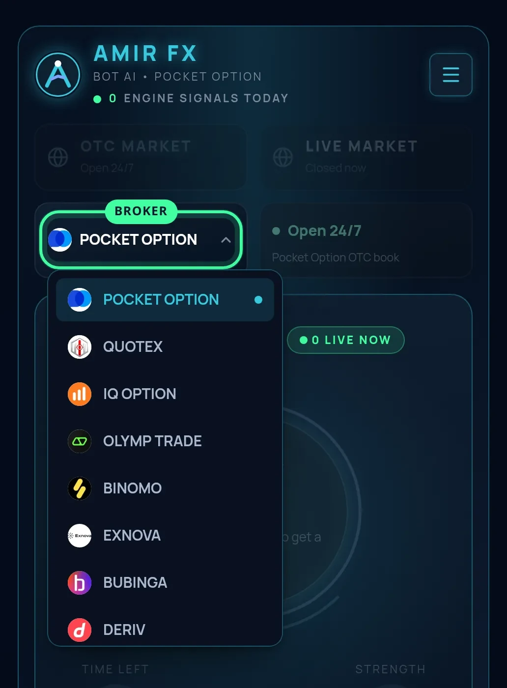 The broker tile ringed with its list open under it: Pocket Option selected, then Quotex, IQ Option, Olymp Trade, Binomo, Exnova, Bubinga and Deriv, each with its logo.