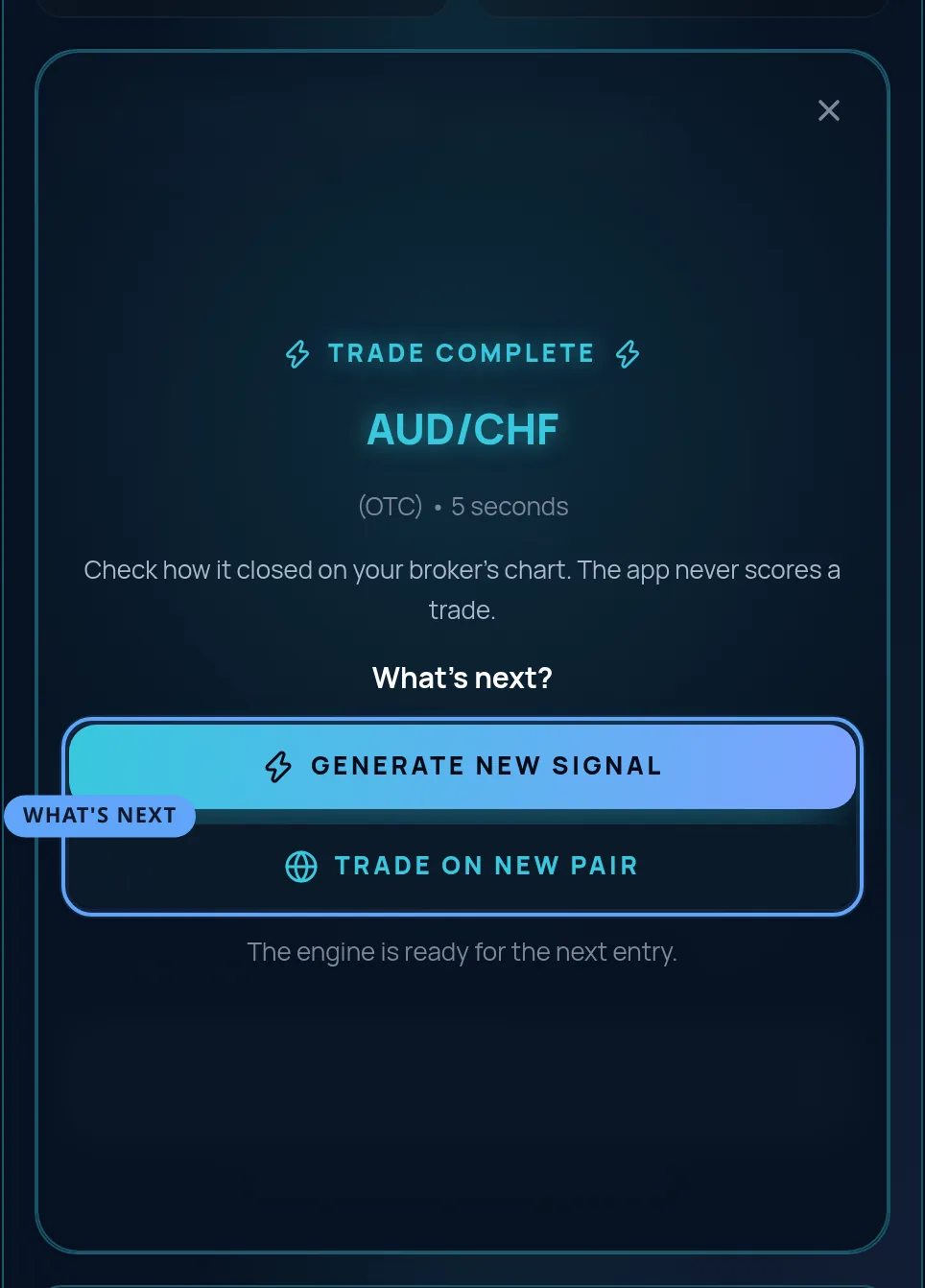 The Trade complete panel for a 5-second AUD/CHF read, with its two buttons, Generate new signal and Trade on new pair, ringed.