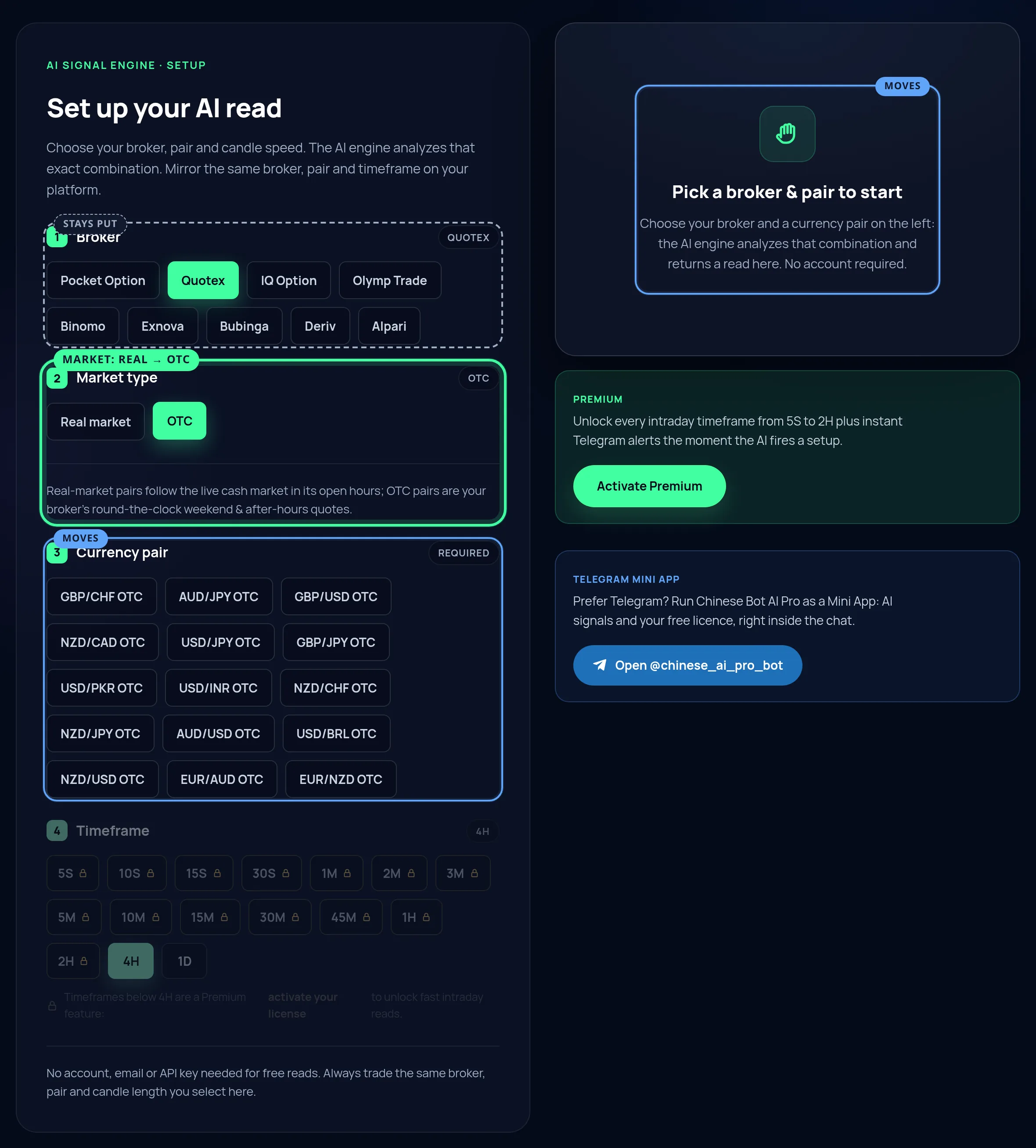 The market-type row ringed after switching to OTC, with the currency-pair row and the card&rsquo;s empty prompt ringed as what moved, and the broker row marked as unchanged.