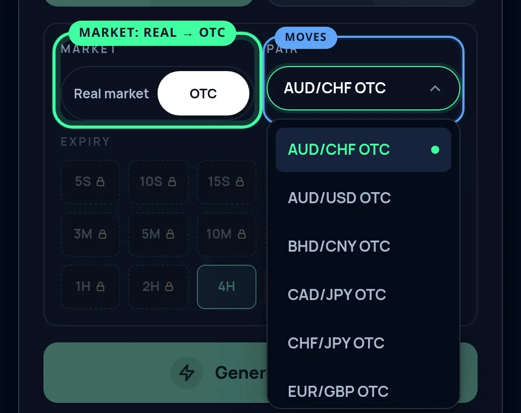 The market switch ringed on OTC, with the pair list open below it showing Pocket Option's OTC pairs.