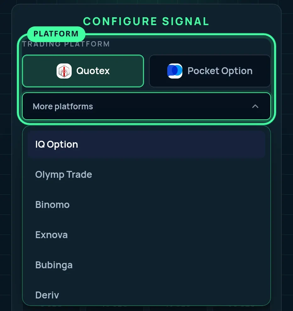 The trading platform field ringed, with Quotex selected and the More platforms list open under it, showing IQ Option, Olymp Trade, Binomo, Exnova, Bubinga and Deriv.
