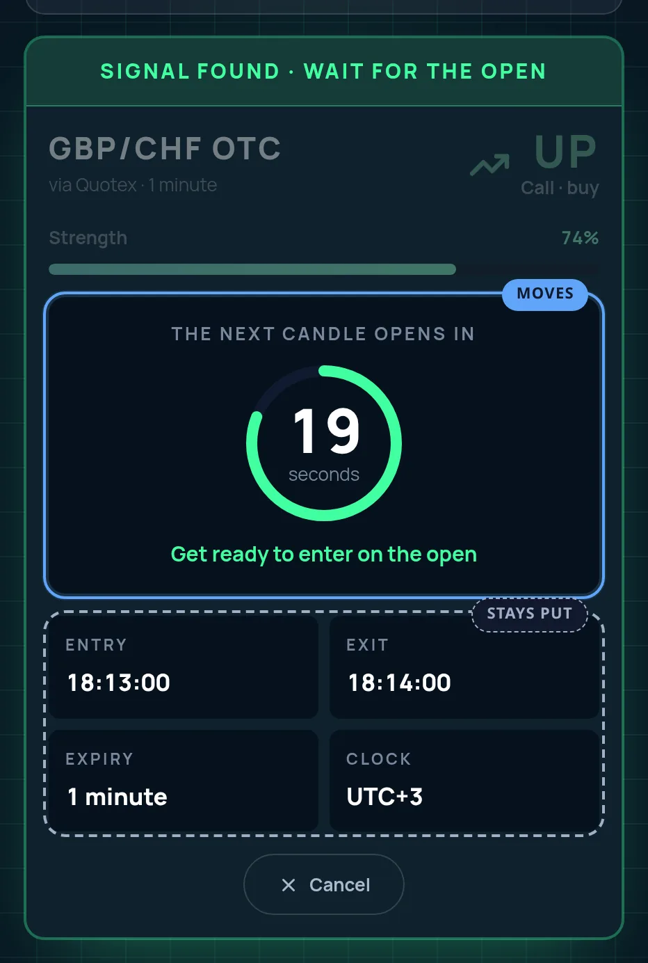 A YQT Bot AI card reading Signal found, wait for the open, with the countdown ring at 21 seconds ringed, and the entry 17:39:00 and exit 17:40:00 marked as staying put.