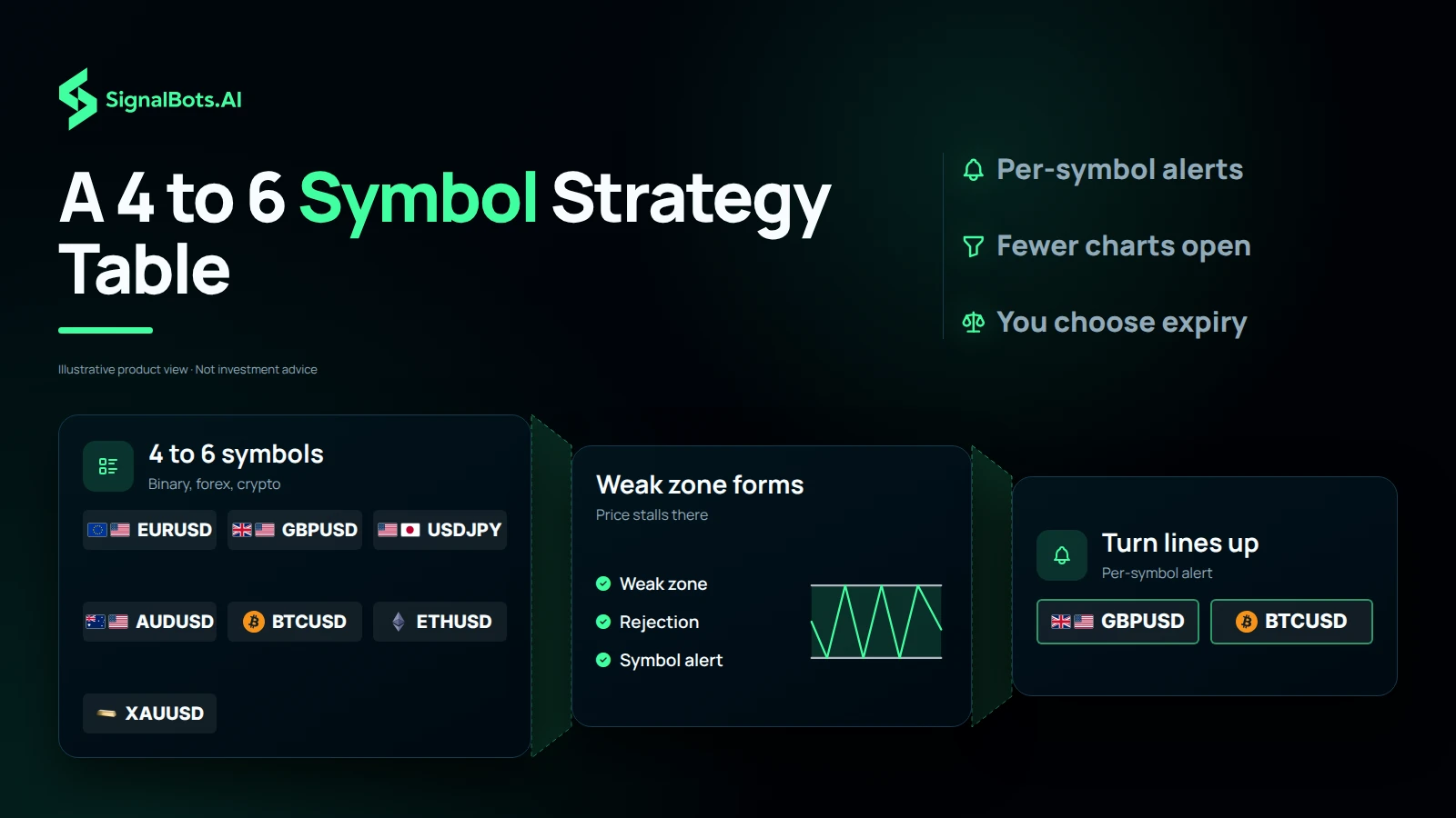 A funnel from six symbols on the table, through a weak zone where price stalls and a structural turn lining up, down to two symbols whose per-symbol alert has fired.